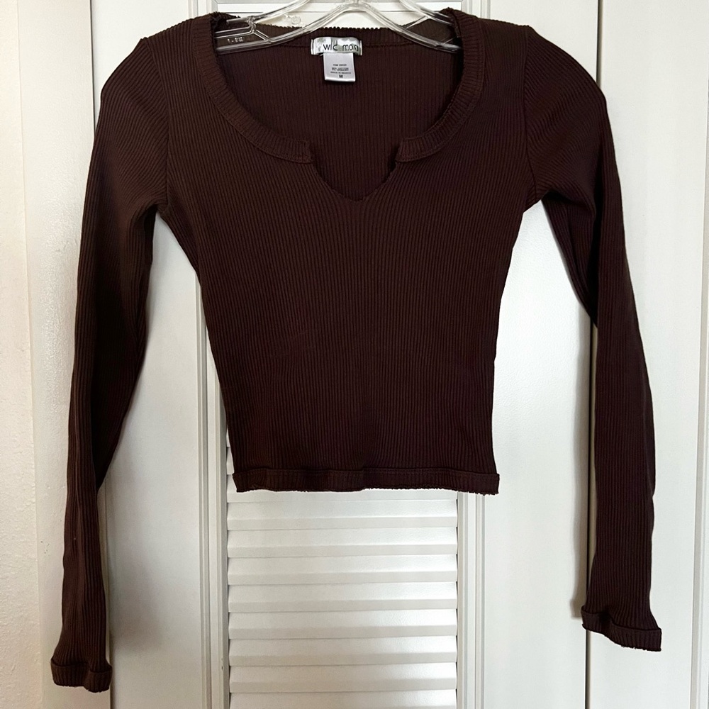 Brown Ribbed Long Sleeve Crop Top
